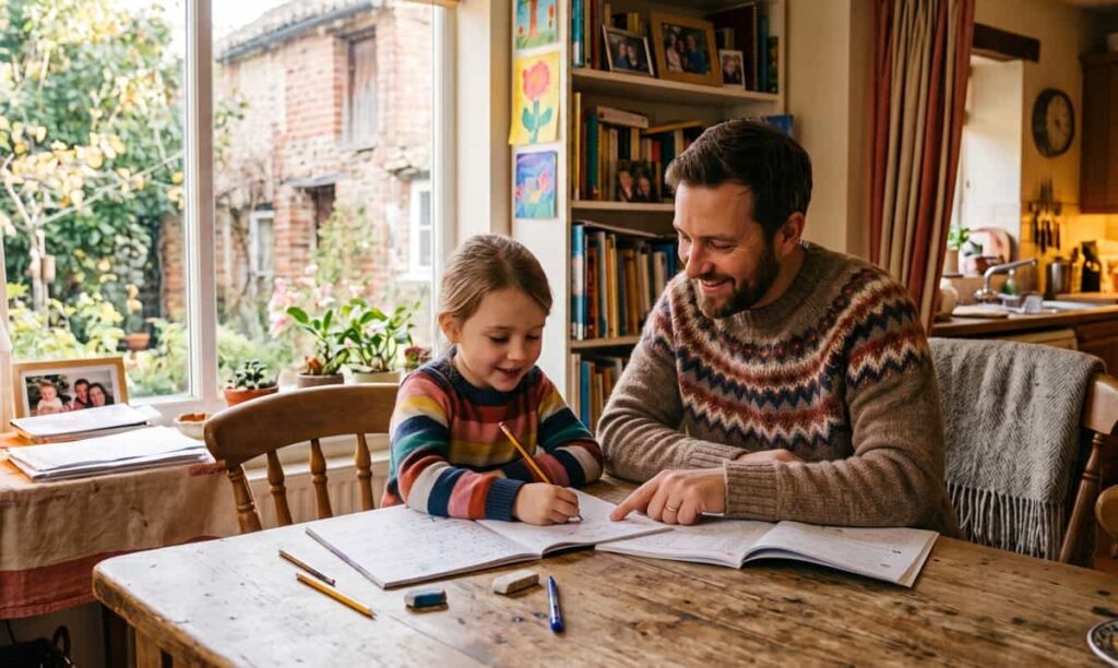 Padre motivando a su hija a aprender inglés